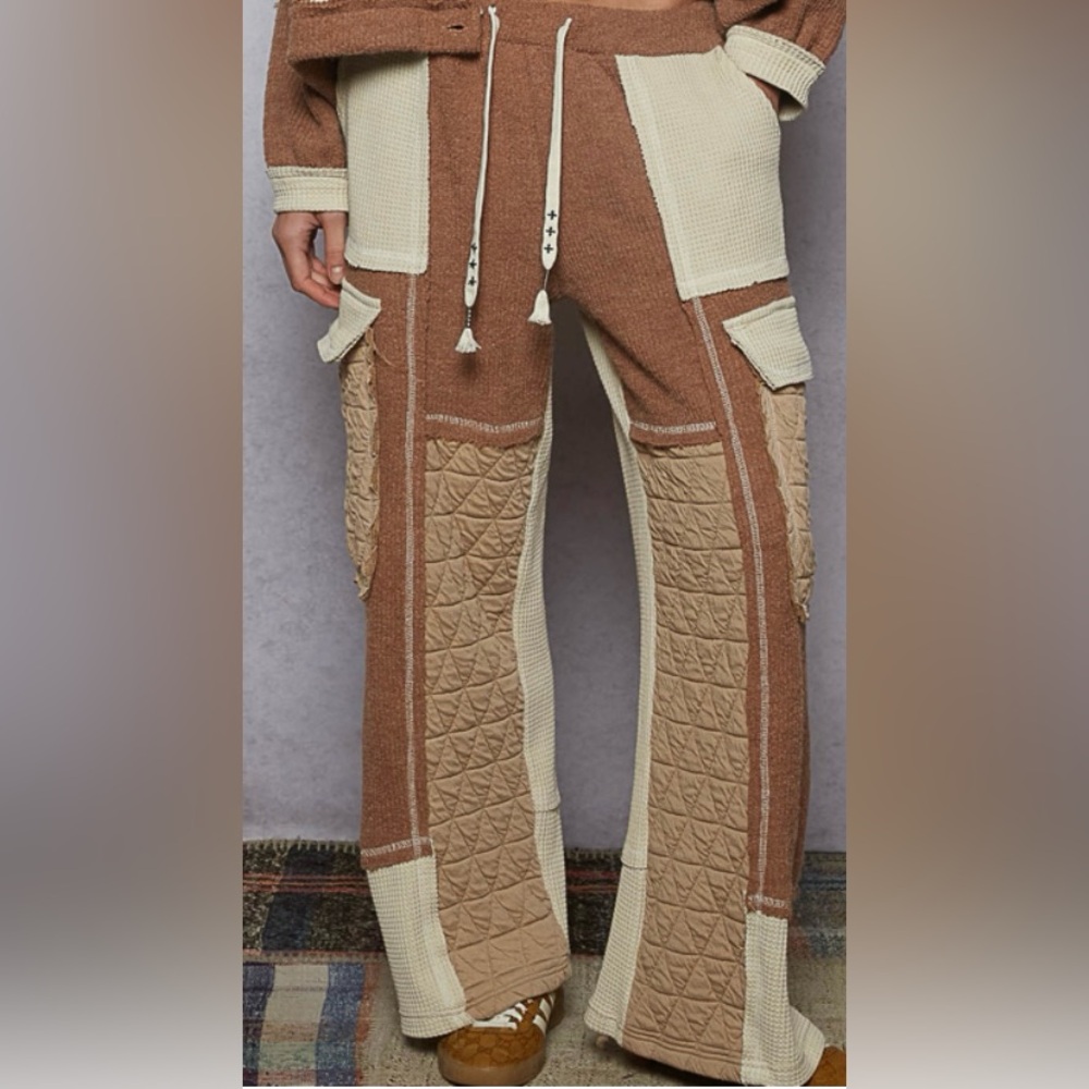 POL relaxed fit pants in rib, quilted contrast and White stitching.
